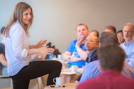 Delta Electronics Professor of Computer Science Regina Barzilay (left) gives a tutorial on the fundamentals of machine learning.