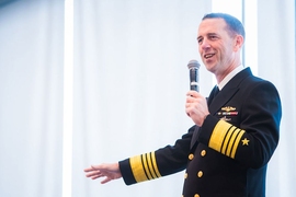 Chief of Naval Operations Admiral John Richardson SM ’89, EE ’89, ENG ’89 is the senior four-star admiral leading the U.S. Navy. He outlined the challenges ahead for the Navy and invited solutions during an MIT symposium in honor of one of his mentors, Alan Oppenheim, an MIT Ford Professor of Engineering.