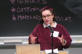 Luisa Kenausis spoke at the Minds Not Missiles conference held at MIT on April 7, about the importance of educating students on nuclear weapons. The event was organized by Massachusetts Peace Action.