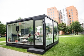 Five students were challenged to live and work in a glass cube on MIT's North Court for four days as part of InCube, a global startup competition.