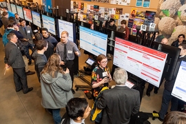 About 130 undergraduates discussed the progress of their yearlong research projects at during the SuperUROP Showcase poster session. 