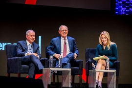 (L-R) Stephen A. Schwarzman and MIT president L. Rafael Reif in a conversation moderated by Becky Quick of CNBC
