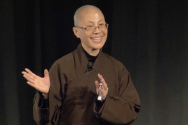 Buddhist Sister Dang Nghiem addresses an audience at MIT. “You don’t have to become monks and nuns to practice mindfulness, or to practice meditation," she said.