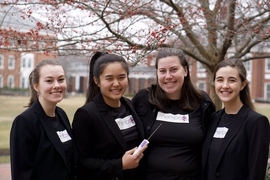 Left to Right: Laura Hinson, Madeline Lee, Valerie Zawicki, and Sophia Triantis of Johns Hopkins University are the $10,000 Lemelson-MIT “Cure it!” undergraduate team winner for their reusable, low-cost, contamination free breast biopsy device.