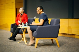 Beverly Daniel Tatum (left), president emerita of Spelman College, and Melissa Nobles (right), the Kenan Sahin Dean of the School of Humanities, Arts, and Social Sciences at MIT, discussed racial relations in the U.S., on April 18 at MIT.
