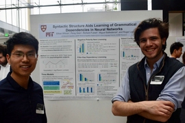 In a pair of studies, researchers show that grammar-enriched deep learning models understand some key rules about language use. Peng Qian (left) and Ethan Wilcox, graduate students at MIT and Harvard University respectively, presented the work at a recent MIT-IBM Watson AI Lab poster session. 