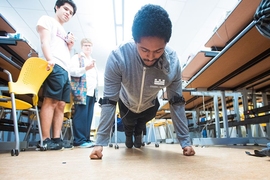 Mussie Demisse demonstrates the Smart Suit, a 6.08 team project that analyzes the user's pushup form.