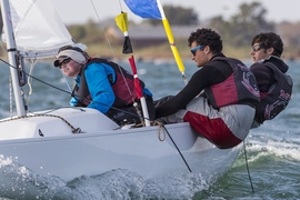 David Larson (far right) skippered the MIT team during the 2013 New England Match Racing Championship.