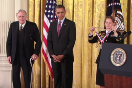 John Goodenough (left) received the National Medal of Science from U.S. President Barack Obama in 2011.