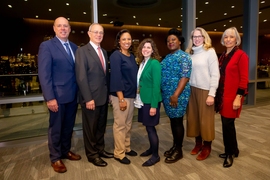 Left to right: MIT Provost Martin Schmidt and President L. Rafael Reif stand with 2019 Bose Fellows Kristala Prather, Mary Gehring, and Sandy Alexandre, along with Judy Bose and Ursula Bose.