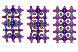Researchers found that strontium cobalt oxide (SCO) naturally occurs in an atomic configuration called brownmillerite (center), but when oxygen ions are added to it (right), it becomes more orderly and more heat conductive, and when hydrogen ions are added (left) it becomes less orderly and less heat conductive.