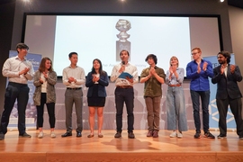 (Left to right:) MIT students Kenny Li, Maya Murad, Devin Zhang, Tiffany Fung, Eduardo Rivera, Evan Pu, Taylor Baum, Julian Alverio, and Madhav Kumar participated in this year's MISTI Global Startup Labs program.