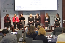 A 2018 Future Strategy Forum panel featured (l-r) Beverly Kirk, Captain Asha Castleberry, Shamila Chaudhary, Janne Nolan, Sara Plana, Rachel Tecott, and Tamara Cofman Wittes. This year's forum, The Future of Cooperation and Conflict in the Time of Covid-19, will be held virtually in June.