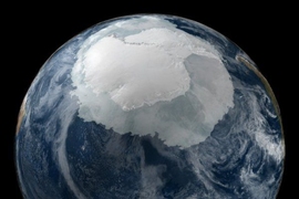 MIT scientists suggest sea ice extent in the Southern Ocean may increase with glacial melting in Antarctica. This image shows a view of the Earth on Sept. 21, 2005 with the full Antarctic region visible.