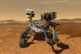 This artist’s rendering shows the NASA’s Perseverance rover in action exploring the Jezero Crater on Mars. With MIT’s help, Perseverance will dig deeper into questions about life on the Red Planet than ever before. 