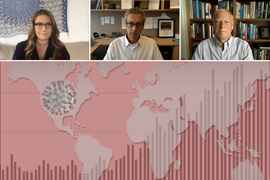 Composite image of three people in a videoconferencing call, and a world map overlaid with an illustration of a coronavirus.