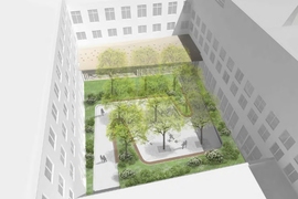 Architectural rendering showing the courtyard in MIT's Building 14 from above