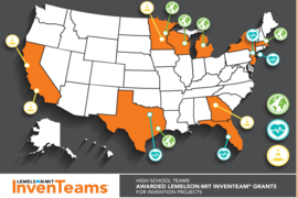A map of the United States locating 2020-21 winners of Lemelson-MIT InvenTeams grants