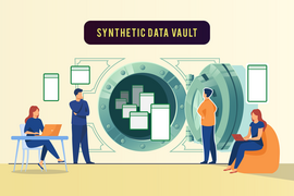 Illustration of four people near a vault that has data (in the form of blank operating system windows) floating in and around it
