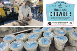 A photo collage including a masked employee examining fish, containers of haddock chowder, and the chowder label
