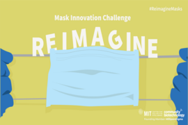 Illustration of gloved hands holding a facemask, with the words Re-imagine Mask Innovation Challenge superimposed