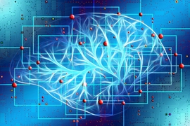 An abstract illustration of a neural network in the shape of a brain overlaid on a circuit board.