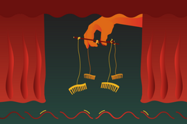 An illustration of a puppeteer's hand controling miRNAs on strings