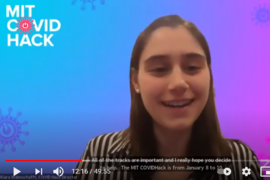 Screen capture of junior Kiara Wahnschafft against the COVID HACK background