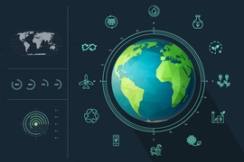 Three-part illustration featuring: a globe surrounded by icons representing industries, a flat projection of a world map, various percentages of an uncompleted task, a generic radar screen