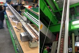 Side-by-side photos of a long piece of primarily-metal equipment. It’s being machined in the first photo and installed in the second