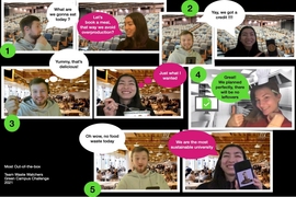 screenshot showing photos of students with speech bubbles in comic-book format