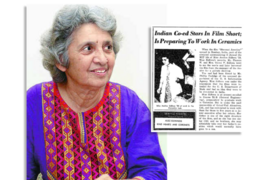 Photo of Almitra Patel with a old newspaper clipping about her in the background