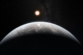 Artist's conception of a super-Earth exoplanet with its star in the background
