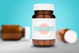 Photo illustration of three pill bottles, the central one labeled "Choline"