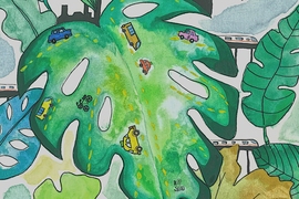 A cartoon drawing of a leaf with tiny cars driving on it