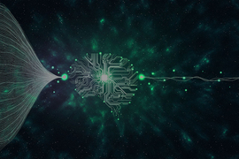 Illustration of what looks like a brain made out of circuits, floating in space