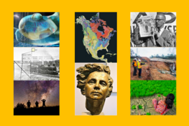 Collage of 8 images representing courses offered by MIT OpenCourseWare: map of the U.S., bust of Rachel Carson, photo of Malcolm X, photo of people looking at a starry sky, etc.