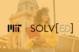 Golden-toned photo of a young woman holding an armload of folders and "MIT SOLV[ED]" superimposed
