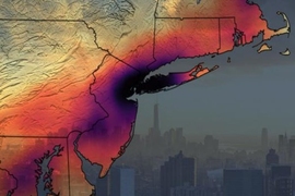 Overlay map of air pollution over the eastern United States, with an image of a smoggy city in the background