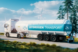 Illustration of a white fuel truck that says "hydrogen transportation" on it, driving down a road past pine trees, solar panels, and wind turbines.