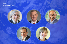 A photo collage of five event speakers, each in a circular frame against a blue marbled background