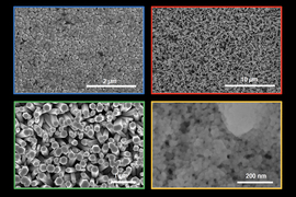Two by two grid featuring four black-and-white scanning electron microscope images of boiling surfaces