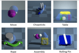 a grid of six images showing soft and deformable objects as a robot might envision them