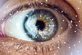 A closeup photo of an eye shows an illustration of the brain and a mesh of networked dots reflected in the pupil