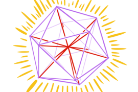 A drawing of an icosahedron, a figure with 20 triangular faces, in purple. Red lines are seen drawn from various angles to other angles within the icosahedron. Outside the whole figure are many small yellow lines, as "rays" coming off of a star