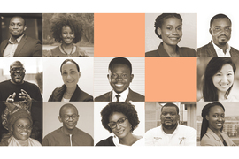 Photo collage featuring black-and-white portrait photos of 13 individuals, with peach-color boxes interspersed.