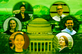 Photo collage with headshots of six MIT speakers placed around an image of the Great Dome