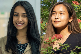Headshot photos of Maaya Prasad (left) and Kathleen Esfahany (right). Prasad is seen with a blurred blue background while Esfahany is seen standing within a bush with salmon-colored flowers.