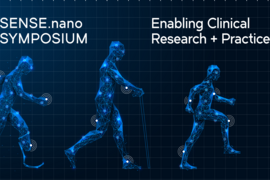 Wireframe models of three individuals – one with a prosthetic limb, one with a cane, and one with no visible limitations – all wearing wireless sensors to demonstrate the themes of sensing and clinical research.