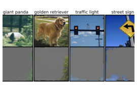 Four photos in the top row show a giant panda, a golden retriever, a traffic light, and a street sign. The bottom row shows only the edges of the same images.